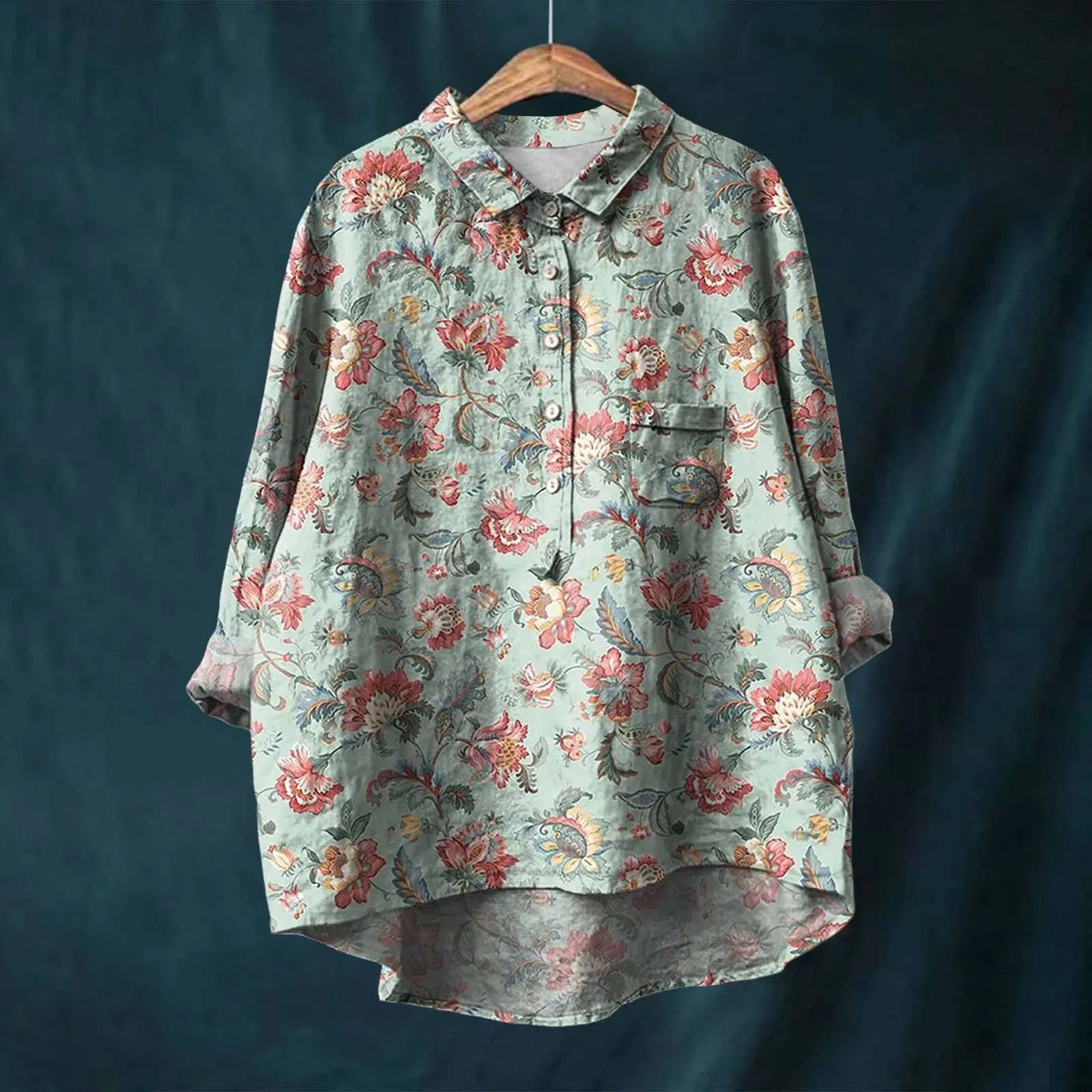 Flower Pattern Printed Women's Lapel Neck Casual Cotton And Linen Womens Loose Fit T Shirts Extra Long Sleeve Tops for Women women t shirt