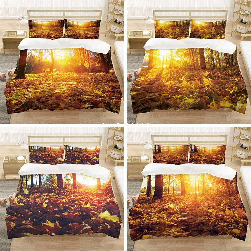 

Autumn Sunset Leaf Printed Bedding Set Large Size Down Quilt Cover Pillowcase Natural Landscape Pattern Bedroom Decoration