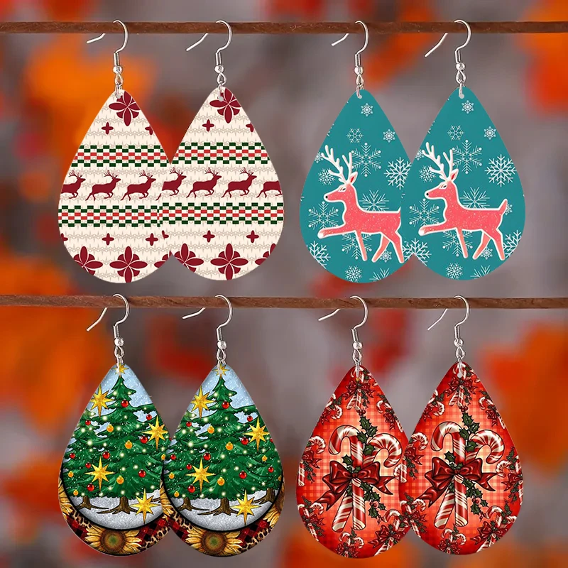 Somesoor Christmas Series Orecchini Per Bambini In Legno A Forma Di Goccia D'Acqua Ciondola Gioielli Elk Bells Alberi Disegni Stampa Piccolo Ciondolo