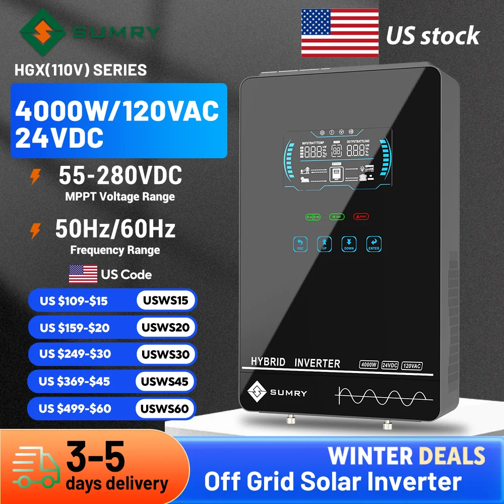 SUMRY 4KW 6KW 120V Off Grid Solar Inverter 24V 140A 5600W MPPT Charger Pure Sine Wave Home Inverter 6.25 Inch LCD Display