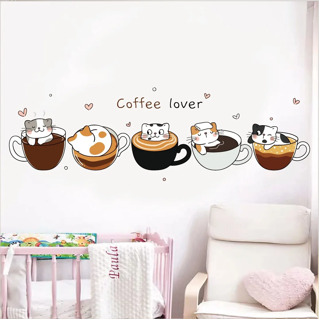 COFFEE cute cat cartoon wall stickers Restaurant living room cafe background wall decoration self-adhesive wall stickers