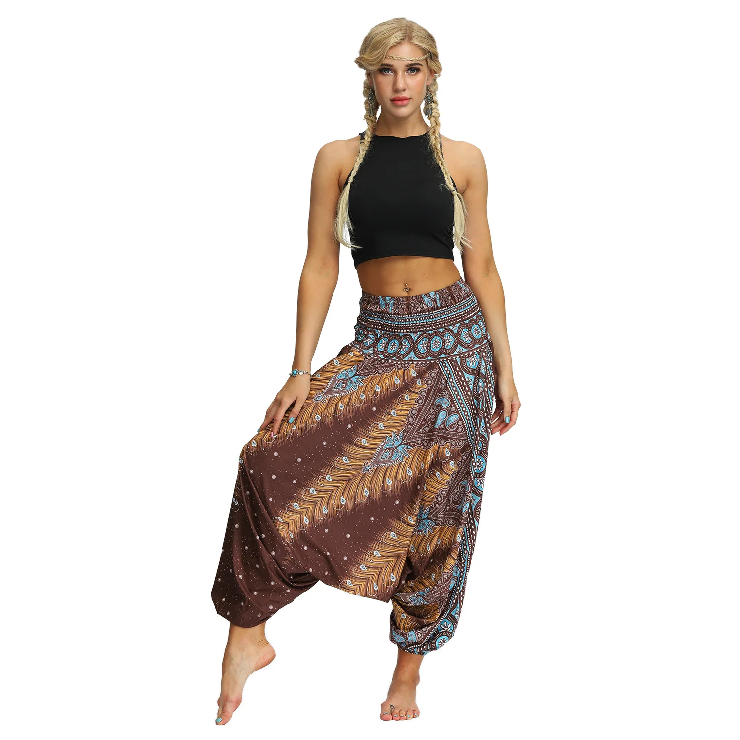 

Women Loose Pants Beach Bohemia Trousers Baggy Casual Feather Printed Aladdin Harem Pants