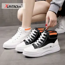 

2021 Women White High Top Sneakers Female Walking Sports Shoes Woman PU Leather Flat Shoes Ladies Inner Heightening Sneakers