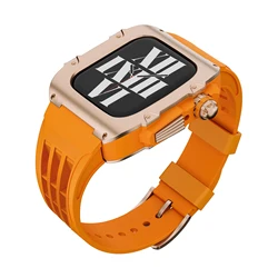 Premium Stainless Steel Case & Rubber Strap Kit for Apple Watch Accessories (RoseGold-Orange)