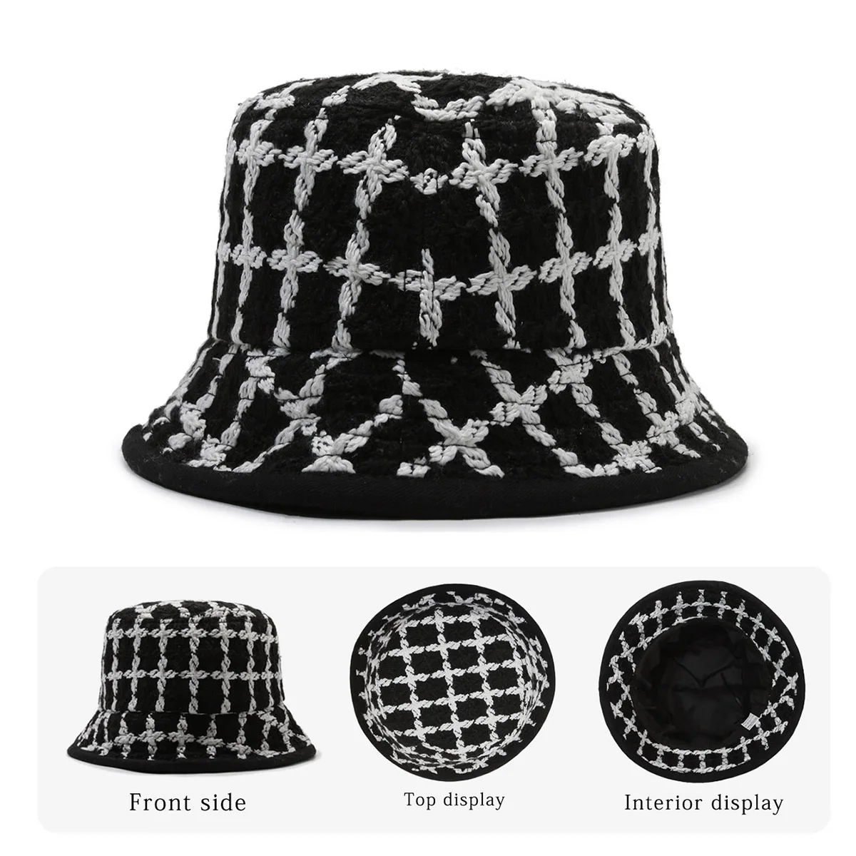 Knitted Fisherman Hat for Women, 2025 Autumn and Winter Plaid Warm Ear-Protecting Fashionable and Elegant Mom Bucket Hat for Outdoor Camping