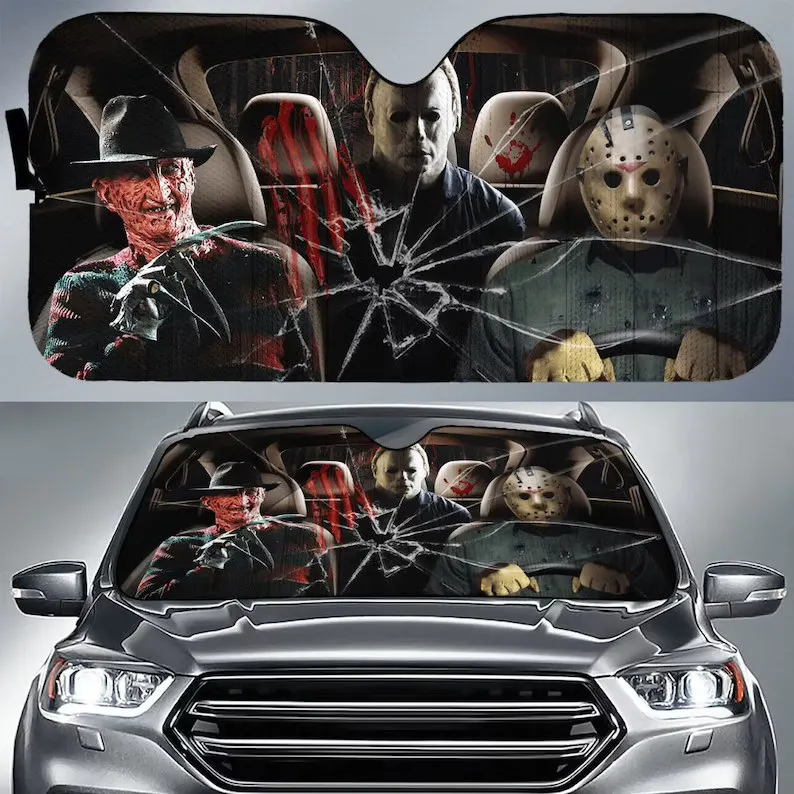 

Horror Movie Killers 3D Print Car Sun Shade Halloween Pennywise Auto Sun Shade Car Accessories Foldable Window Cover