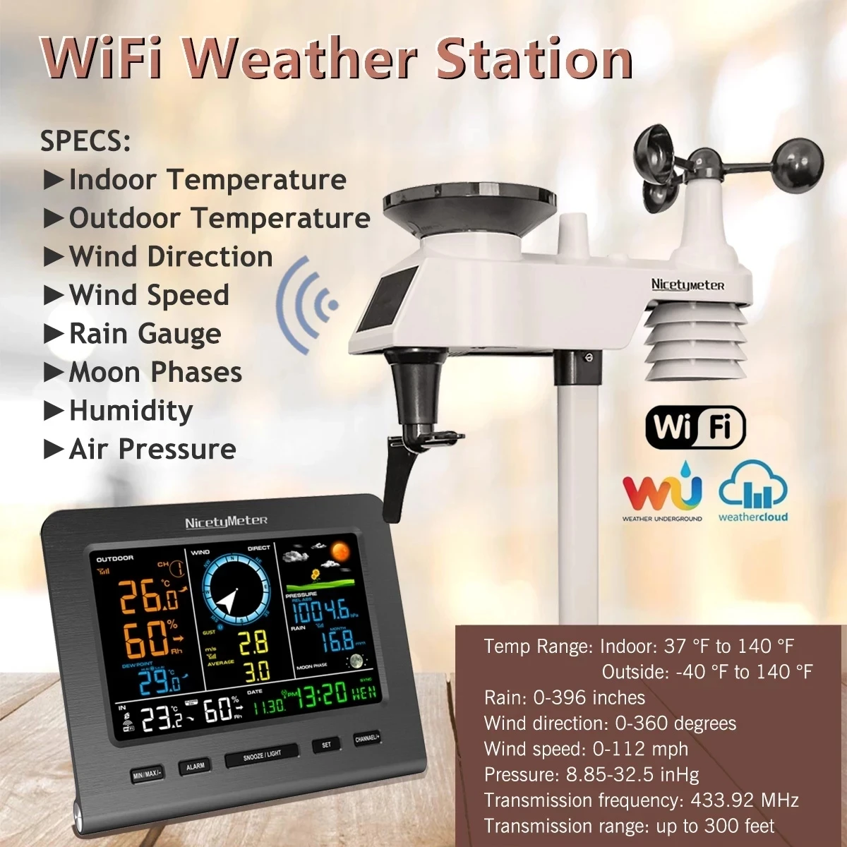 NicetyMeter station météo radio avec capteur extérieur 5-en-1 écran 5,1  pouces, capteur extérieur pour température, humidité, pression  atmosphérique, vitesse et direction du vent et pluviomètre - AliExpress