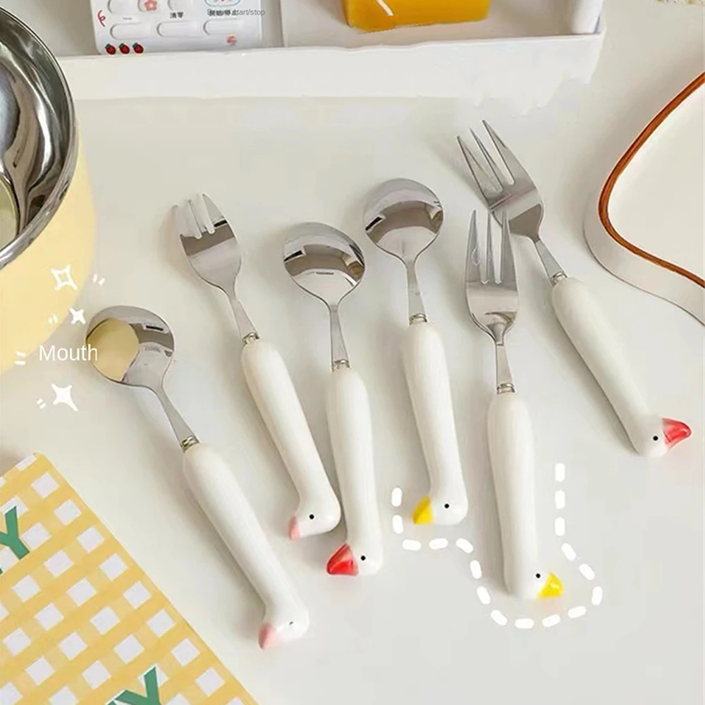 Red Cartoon Stainless Steel Spoon Goose Head Tableware Set Portable Ceramic Handle Cute Cat Claw Spoon Fork High Color Value