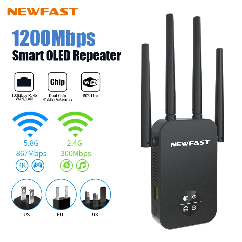 מחדש 1200Mbps WiFi Repeater טווח ארוך OLED 5Ghz De Sinal Wifi Extenders מגבר אות אנטנה Repeator UK Plug