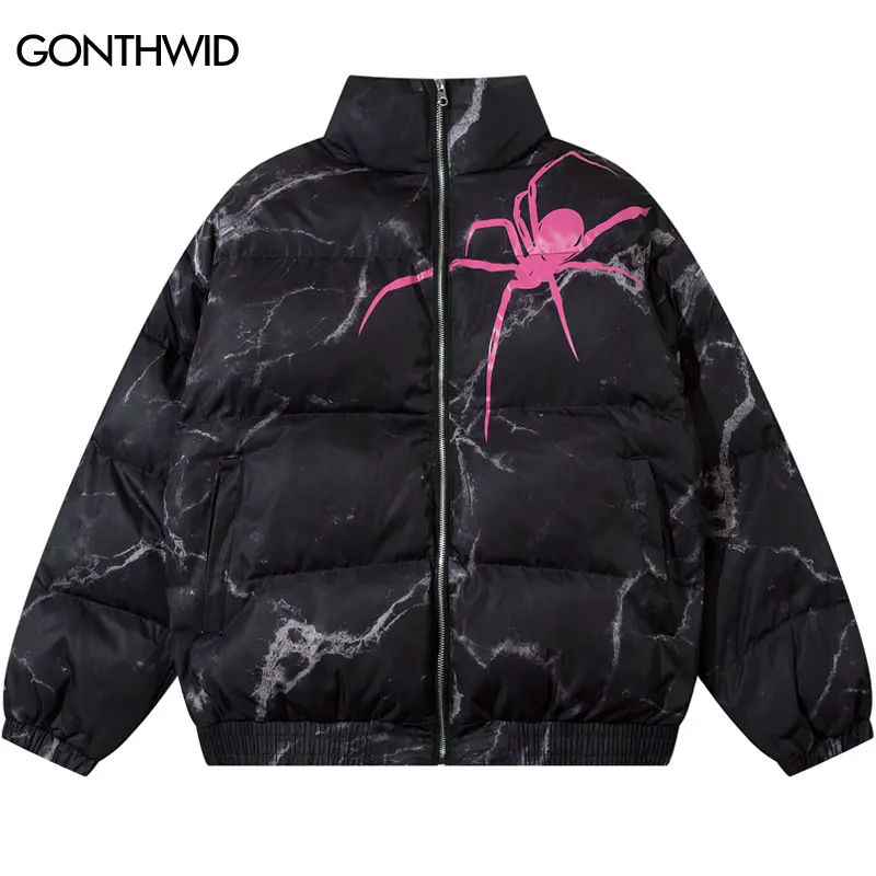 

Winter Spider Jacket Parka Streetwear Harajuku Tie Dye Thick Warm Bubble Jackets 2023 Men Hip Hop Fashion Loose Zipper Parkas