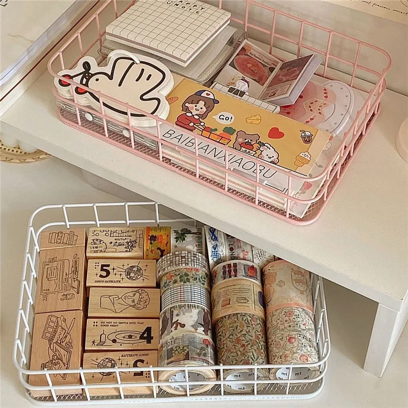 MINKYS INS Nordic Iron Desktop Storage Basket Office Cosmetics Storage Box Dormitory Rack Desk Organizer