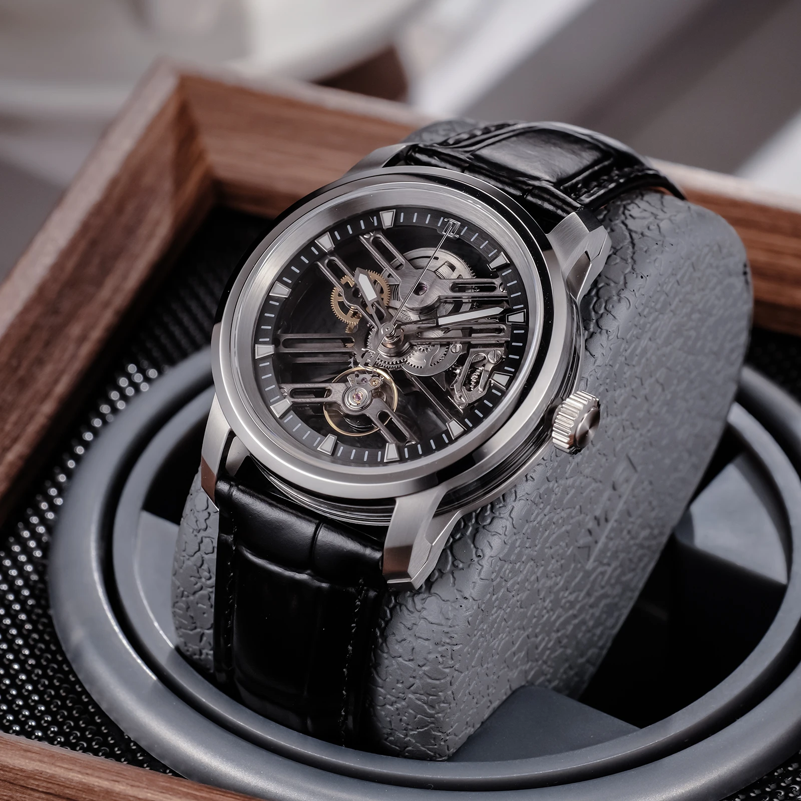 OBLVLO Orologio meccanico automatico di marca superiore per uomo Orologio luminoso con stella terrestre Cinturino in pelle impermeabile GC (GC-PLL