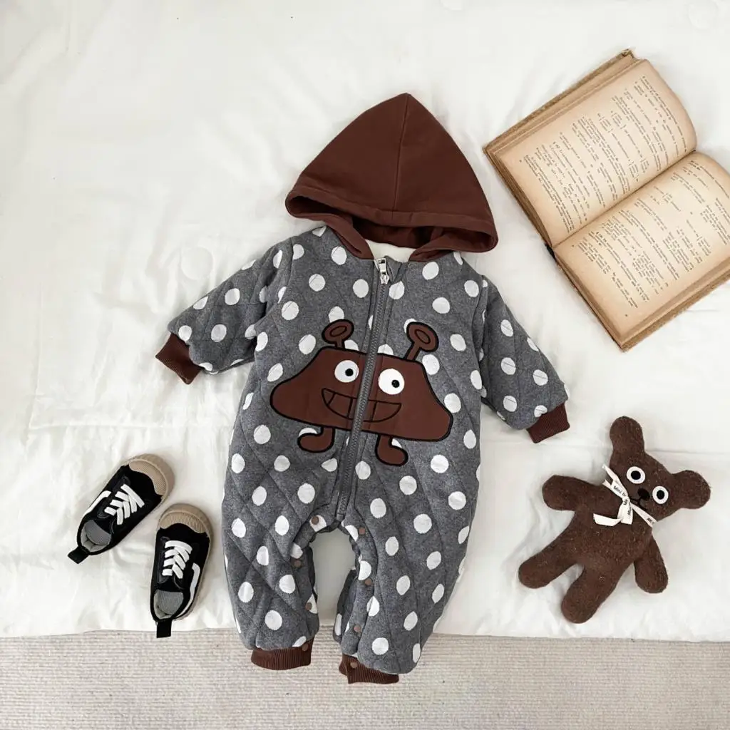 

Korean Winter 2024 Infant Boys Bodysuit Cotton Padded Plus Velvet Hooded Baby Boys Rompers Dot Cartoon Newborn Boys Parkas