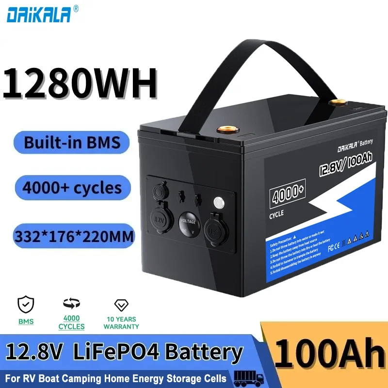 

Daikala 12.8V 100Ah 1028Wh LiFePO4 Battery Rechargeable Pack Cell Tools Built-in BMS Off-grid Solar Power System Inverter