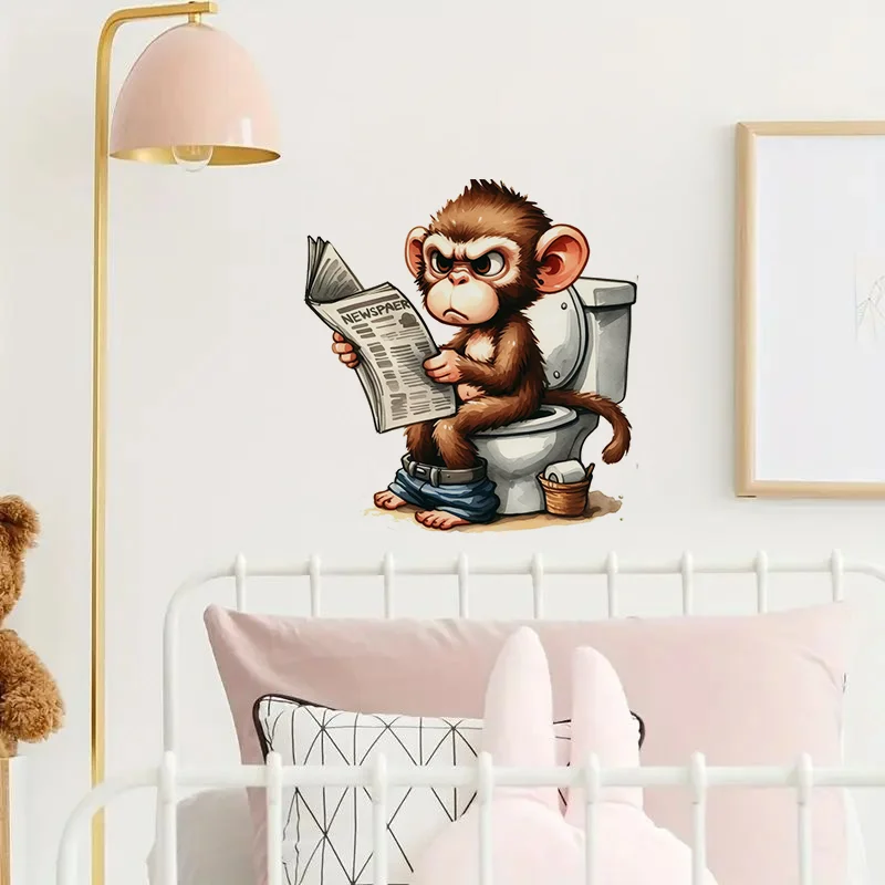 Cartoon Monkey Sitting on the Toilet Reading a Newspaper Sticker Toilet Lid Decal Apply for Wall Bathroom Cabinet Door etc