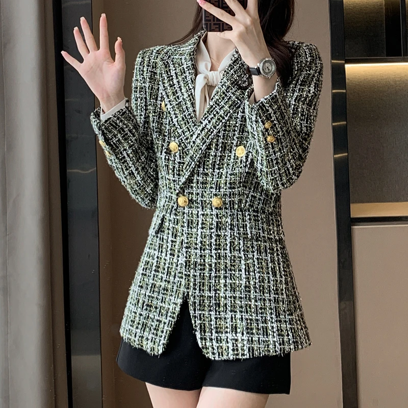 

Small Fragrance Elegant Woolen Cloth Plaid Women Blazer Autumn Winter Casual Coat Office Ladies Suit Slim Jackets