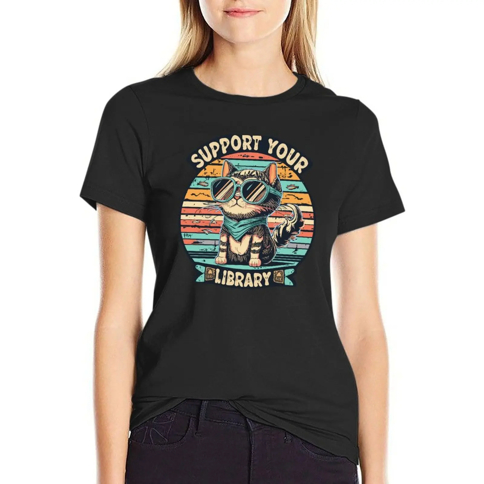 

Support Your Local Library Reading Vintage retro sunset Cat Readers Books Lovers T-shirt tops Female clothing Women t-shirts