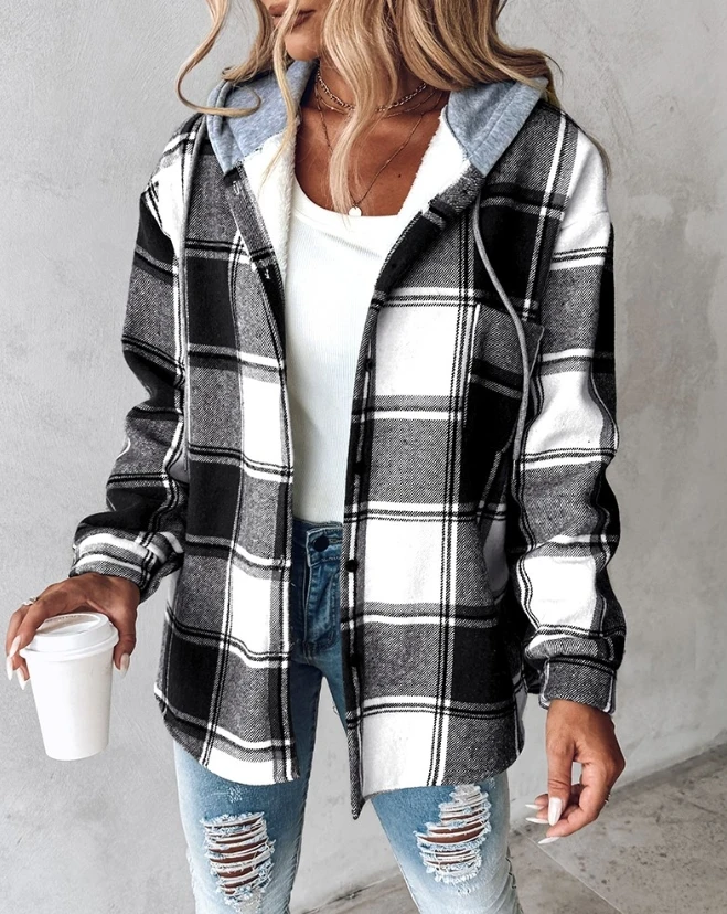 Women's Plaid Print Buttoned Hooded Shacket New 2023 Autumn Winter Long Sleeve Casual Female Clothing Thermal Warm Fashion Coat ninimour autumn women classic plaid print button front coat 2022 new y2k femme casual ripped shacket lady outfits clothing