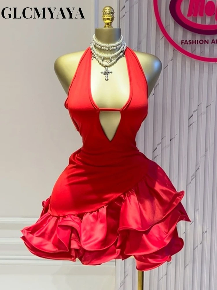 GLCMYAYA Women Sleevelss Halter V-neck Ruffles Ball Gown Smock A-line Mini Midi Dress 2025 Summer Vacation Holiday Party Dresses 1