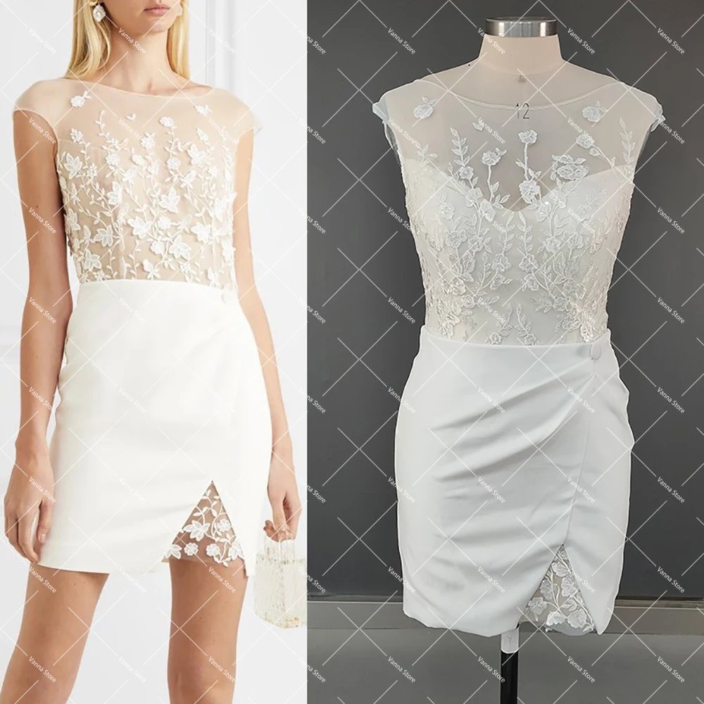 

Мини-платье с рюшами, атласное, с круглым вырезом, свадебное платье на заказ, с открытой спиной и вышивкой, кружевное, выше колена, шикарное свадебное платье