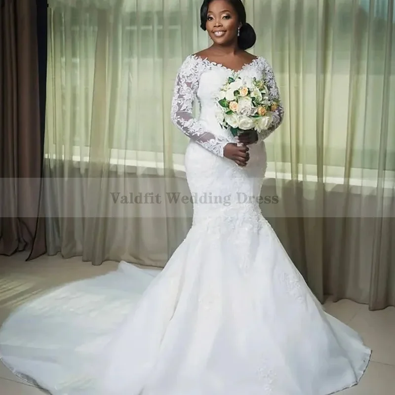 Valdfit Customized Off Shoulder Long Sleeves White African Mermaid Wedding Dress Lace Up Plus Size Bridal Gowns vestido de novia