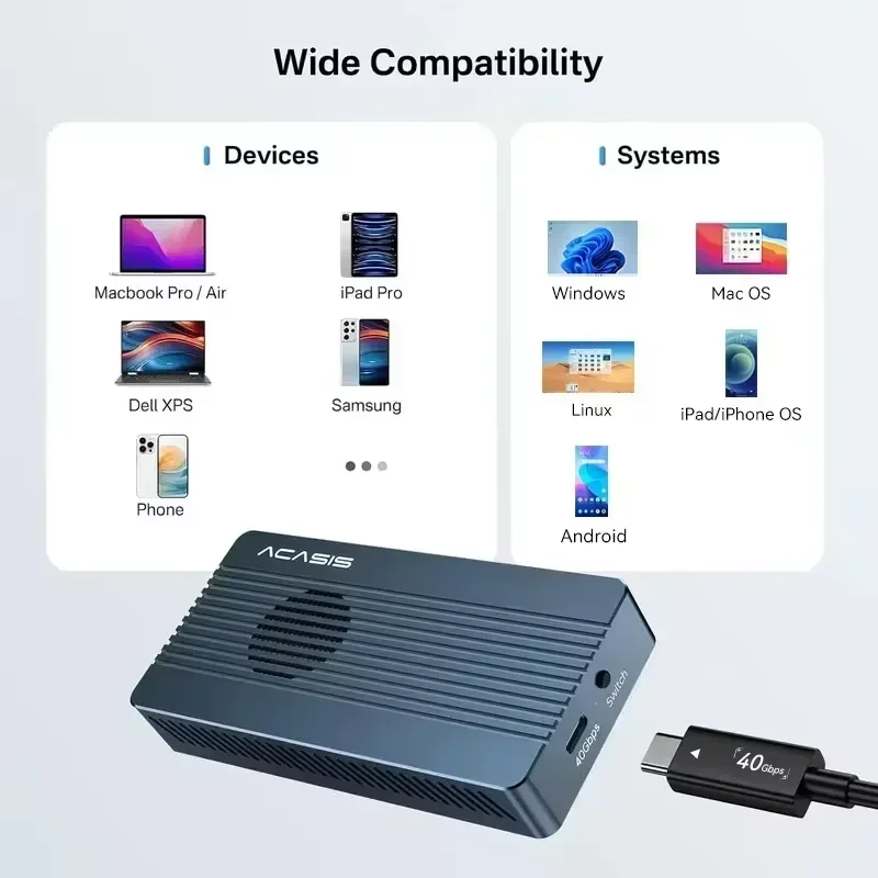 M.2 NVMe용 냉각 팬이 장착된 Acasis 40Gbps USB4 SSD 인클로저 | Thunderbolt4/USB3.2/3.1/3.0/2.0 및 MacBook Pro/Mac Mini 및 노트북과 호환
