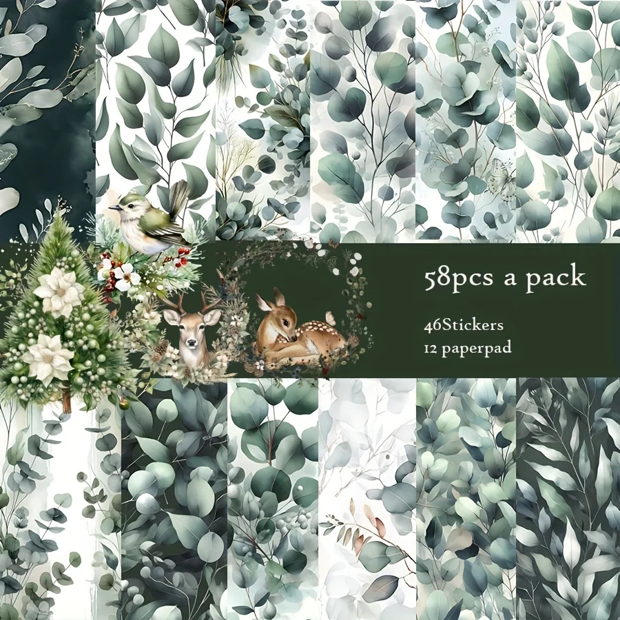 Stickers Scrapbooking Supplies Paper Sticker Eucalyptus Deer Redberry Ring Pattern 58pcs