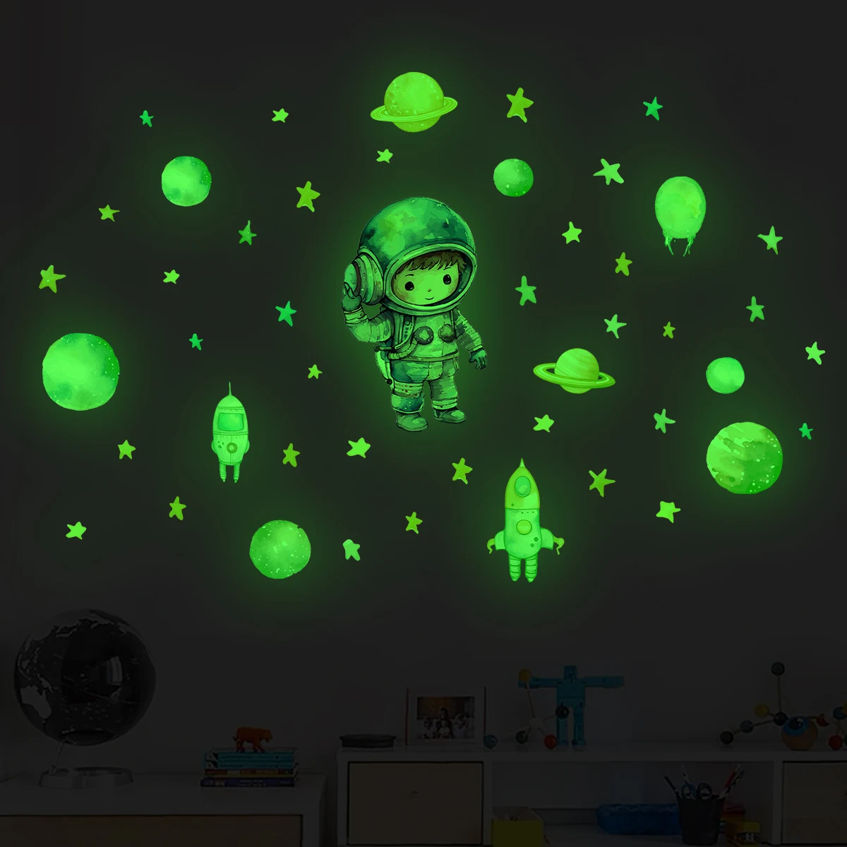 Cartoon Astronaut Moon Planet Glowing Wall Stickers 1Pc for Baby Kids Room Bedroom Living Room luminous wall stickers wall stickers vinyl decal stickers
