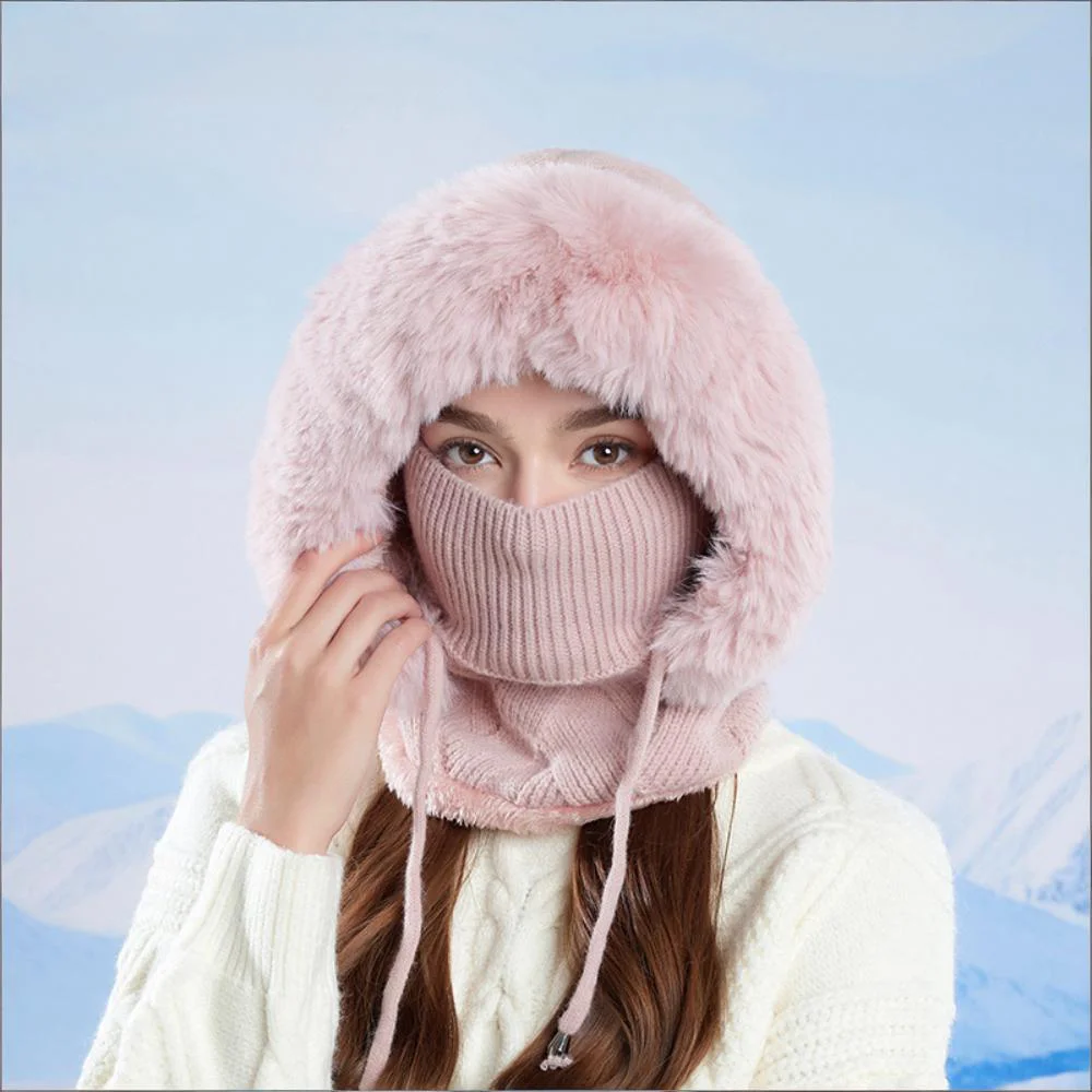 Winter Knitted Hat Ear Protection Balaclava Hat Fluffy Mask Neck Integrated Hooded Cap Outdoor Thickened Hat for Ski Cycling