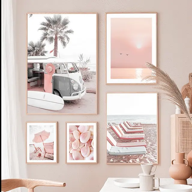 핑크 바다 해변 포스터: 집안에 여름의 분위기를 더하는 레트로한 아름다움