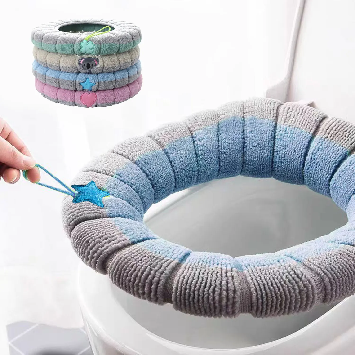 Knitted Toilet Cover with Carry Handle Four Seasons Thickened Toilet Cover General Purpose toilet seat cover