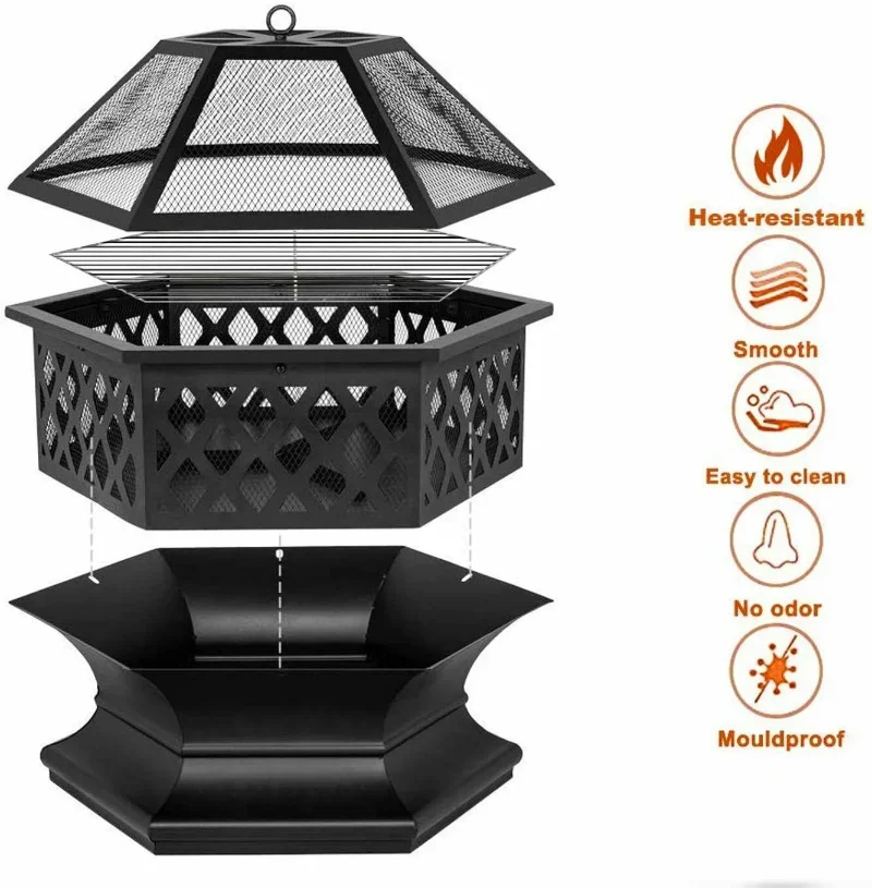 Portable Courtyard Metal Fire Pit 22" Hexagonal Shaped Iron Brazier Wood Burning Fire Pit Decoration for Backyard Poolside