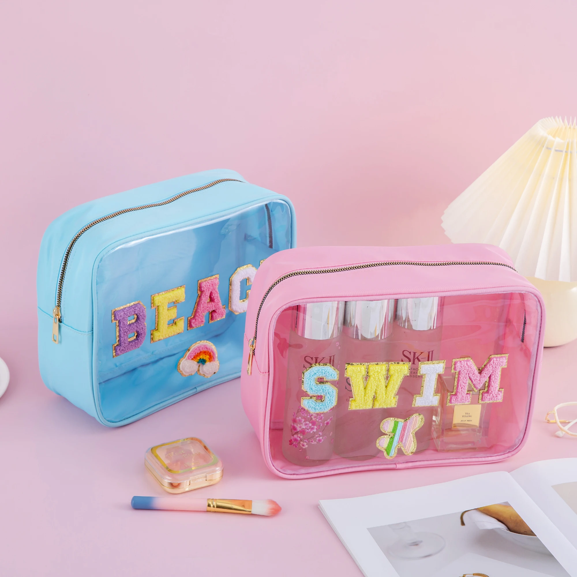 Cute Girls Women Large Capacity Waterproof Preppy Chenille Letter Clear PVC SWIM BEACH STUFF Makeup Bag Cosmetic Zipper Pouch 6