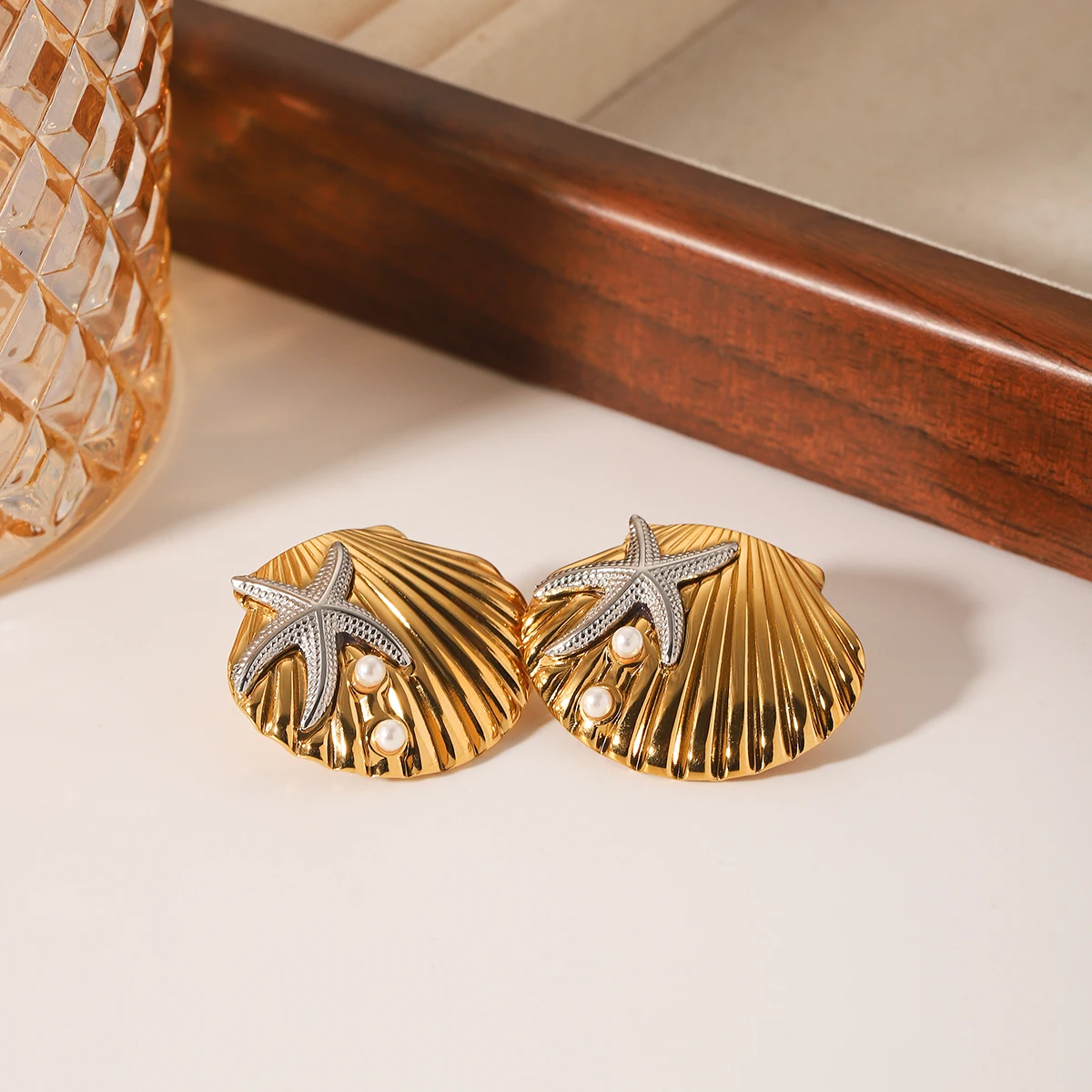 Kreative Große Größe Metall Seestern Shell Stud Ohrringe Frau Mode Trendy Edelstahl Ohr Ring Weibliche Luxus Schmuck Geschenke – Detail 4