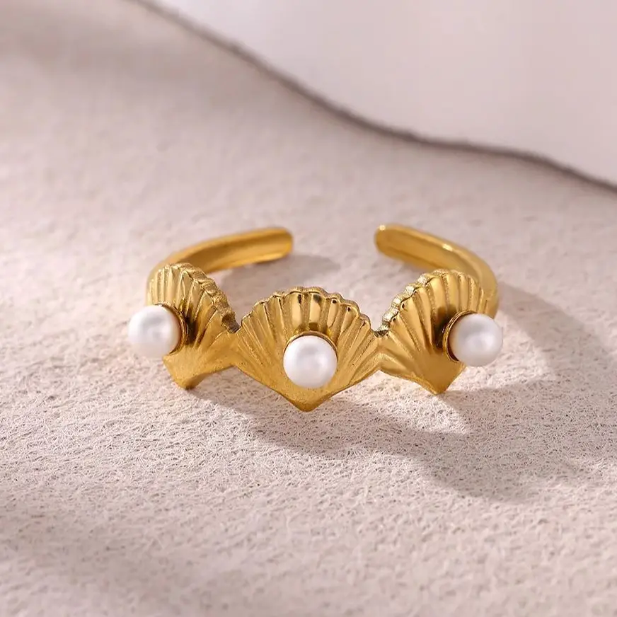 Pearl Shell Ring Women18K Gold Plated Stainless Steel Adjustable Finger Ring