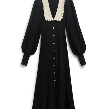 Autumn Women French Vintage Midi Knit Formal Occasion Dress Banquet Frocks Evening Party Long Lantern Sleeve One-Piece Clothing