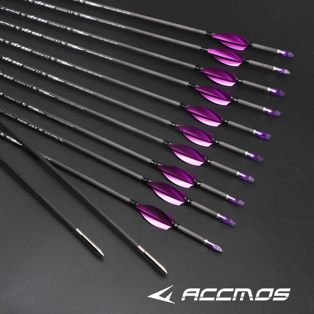 

12pcs ID 3.2mm Carbon arrow Sp350-1000 with 1.75" Metal Spin Feathers for Recurve/Compound Bow Hunting Shooting