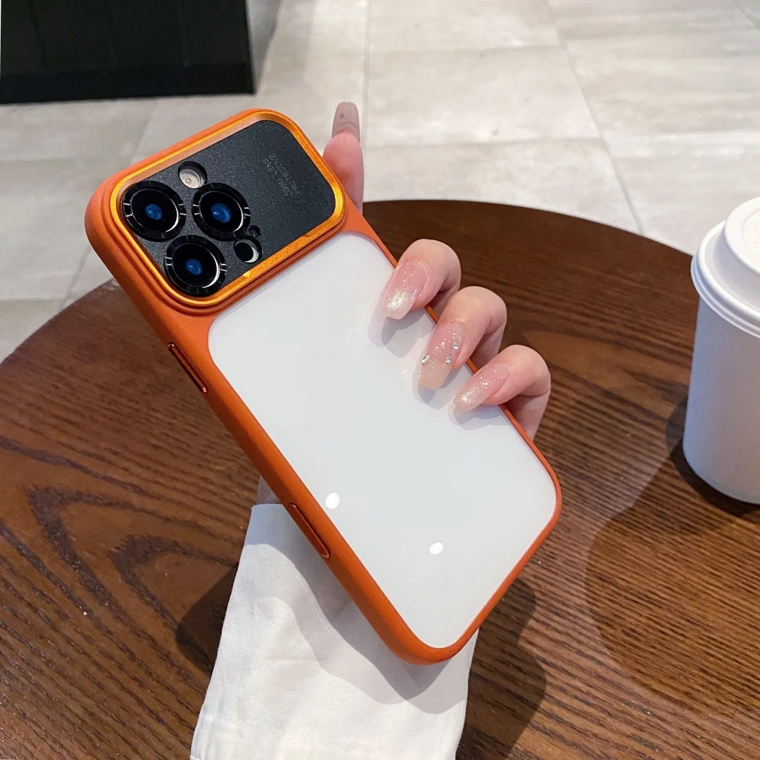 Luxury Frosted Frame Armor Transparent Phone Case with Matte Metal Lens Protection and Acrylic Back Cover
