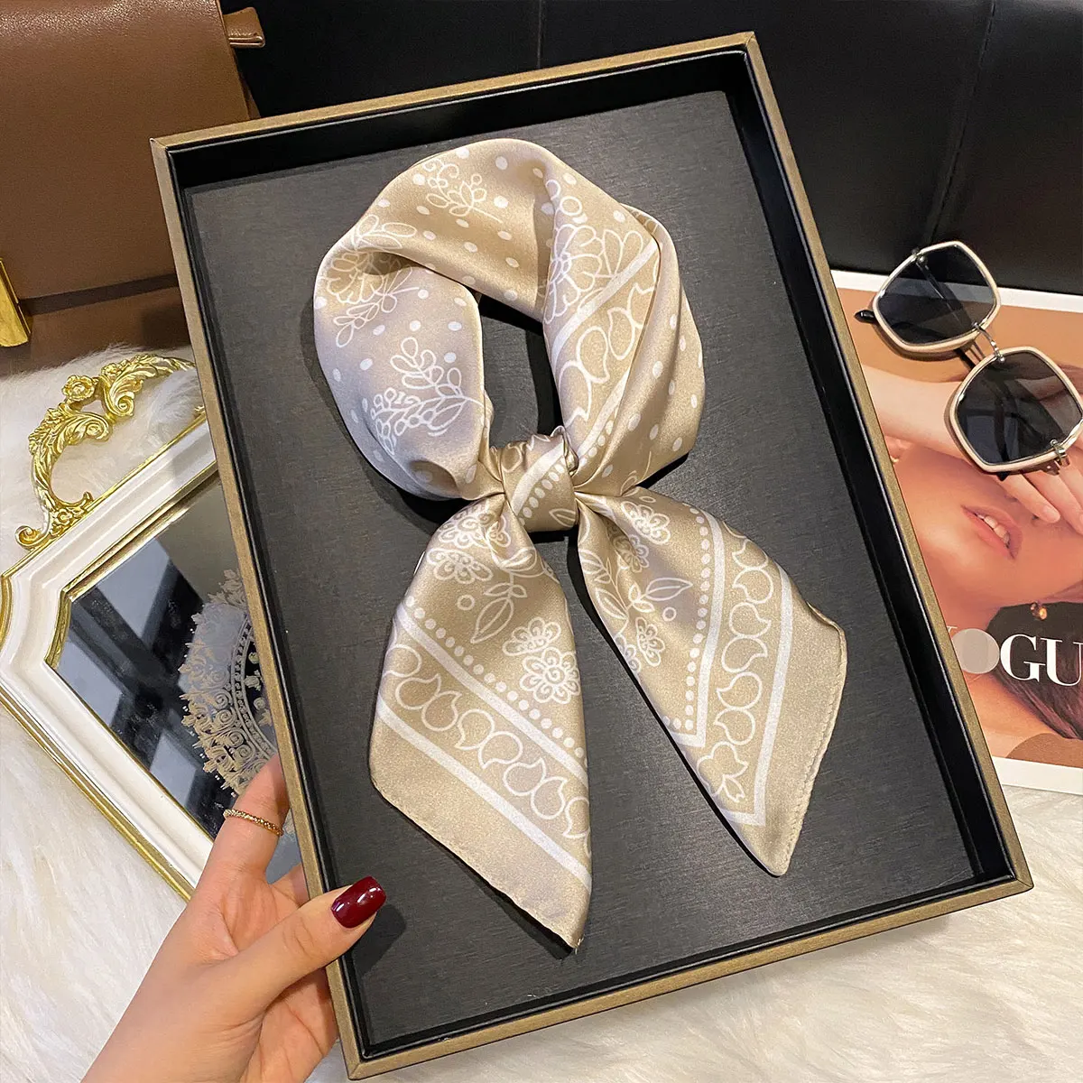 Women Luxury Print Silk Square Scarf Spring Neck Tie Shawl Hijab Wraps Female 70cm Hair Hand Wrist Headkercheif Bandana