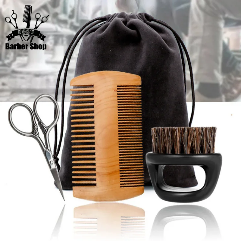 

Professional Soft Boar Bristle Wood Beard Brush Men's Shaving Beard Brush Comb Scissors Set Barber Retro Clean Kit Styling Tools