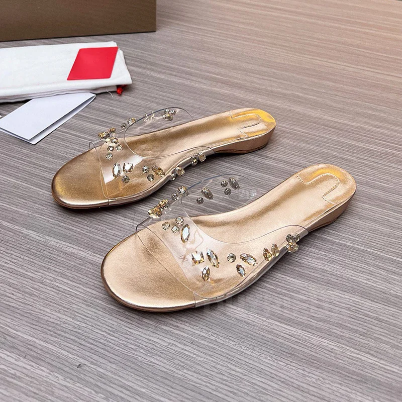 

Female Slippers Summer 2024 Walk Show New Style Round Head Crystal Decor Ladies Flat Shoes Full Of Sophistication Slippers