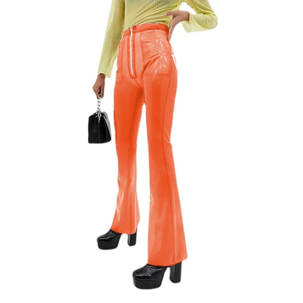 Transparent Plastic Long Pants for Women High Waisted Front Zip-up Sexy Skinny Flare Pants High Street Vintage Fashion