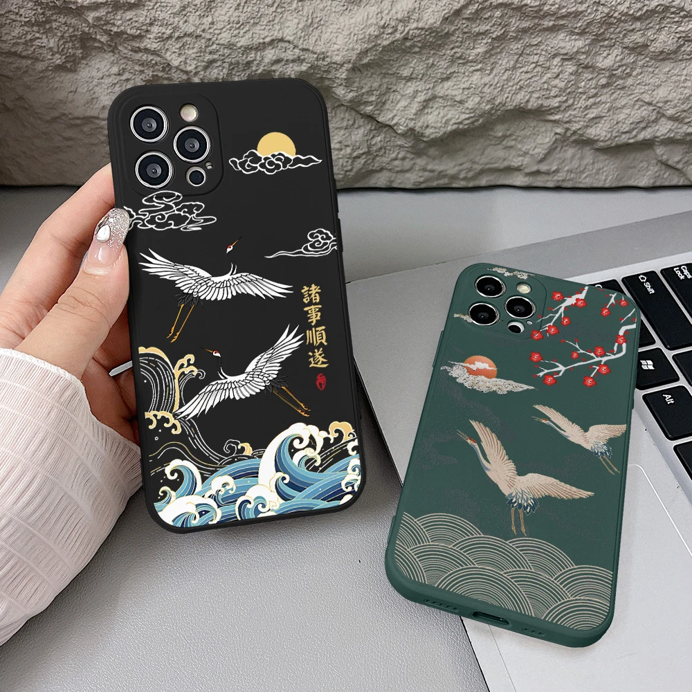 Elegant Chinese Crane Design Soft Phone Case - Straight Edge Cover