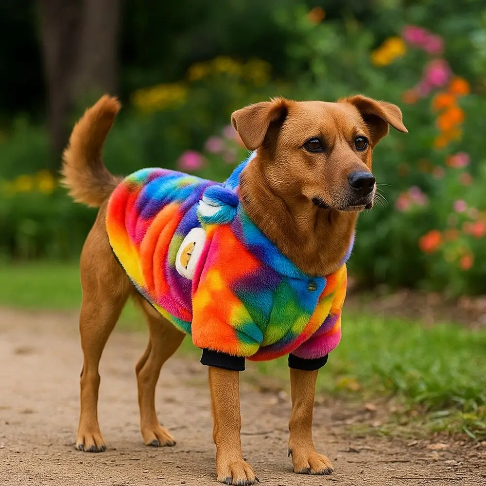 Fashion Thick Pet Dog Hoodie Warm Rainbow Puppy Pullover Soft Fleece Dog Sweatshirt Outdoor