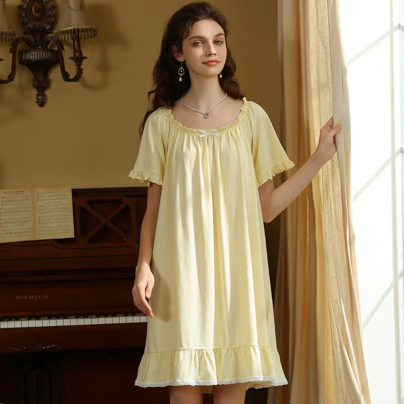 Summer Short Sleeves Round Neck Solid Nightdress Plus Size Cotton Loose Nightie Princess Sweet Bow Decoration Nightgowns Dresses