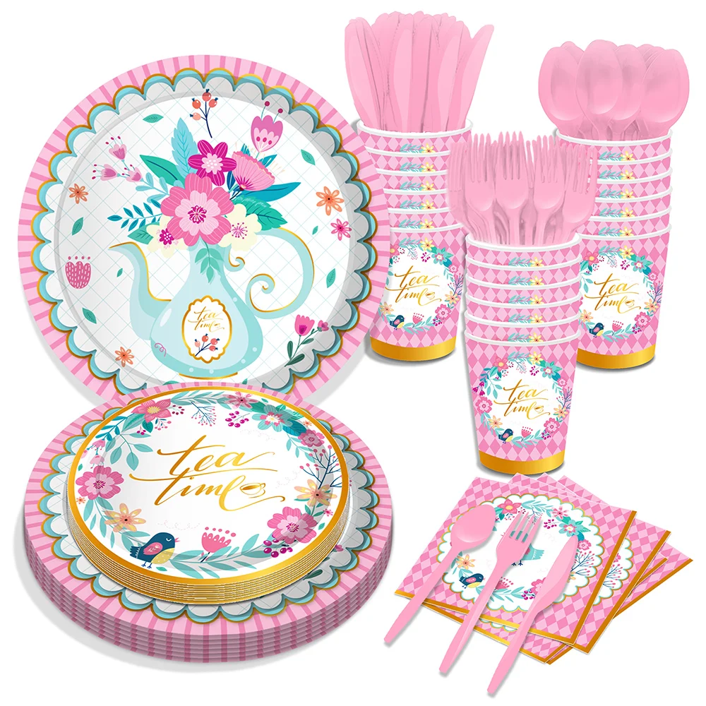 TeaPartyDisposableTablewareSetsAfternoonTeaTimeDessertPaperPlatesCupsNapkinBaby