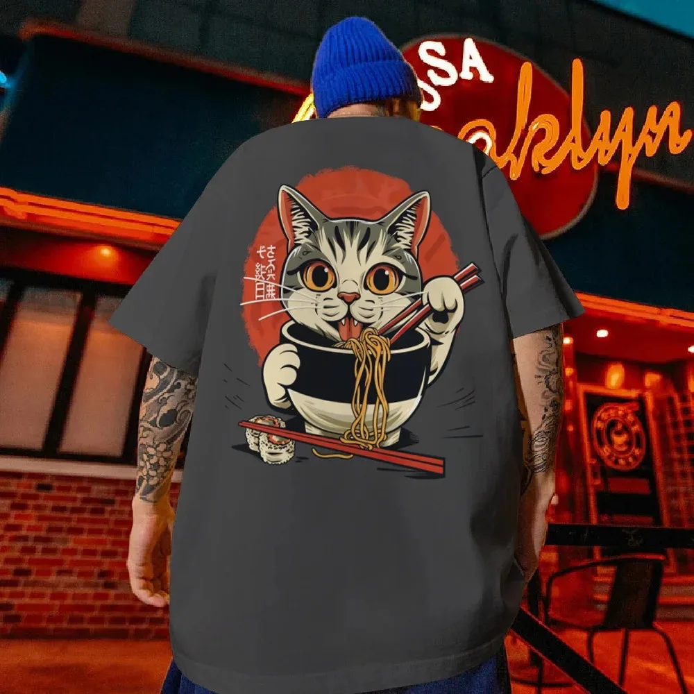 Men's T-Shirt Sushi Lucky Cat Printed Male Clothing Fashion Casual Short Sleeved Loose Oversized Shirt Street Harajuku Tops Tees