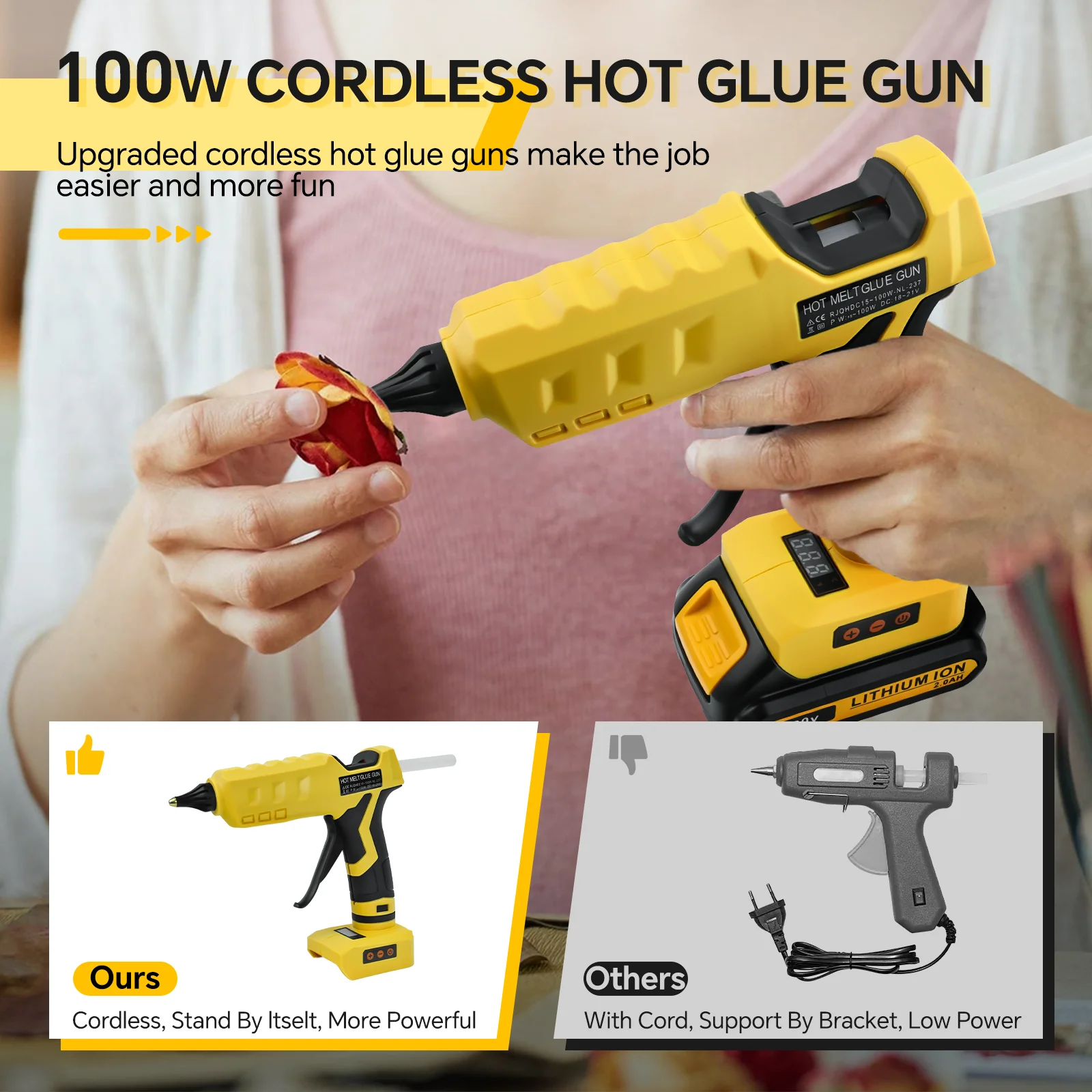 100W Cordless Hot Glue Gun Temp Adjust LCD Digital Display with 10Pcs 11mm Glue