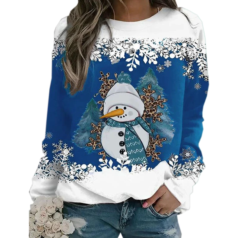 Red White Casual Pullovers 5XL Women Autumn Winter Long Sleeve O-neck Sweatshirts Merry Chirstmas Cotton Printed Sweatshirt Blue