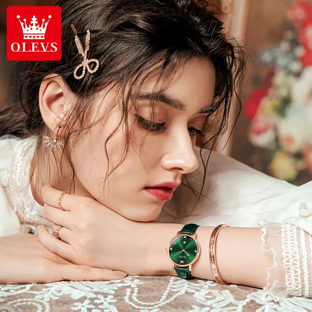 OLEVS Quartz Watch for Women Fashion Leather Strap Auto Calendar Dial Waterproof Elegant Ladies Wristwatch Bracelet Gift Box Set